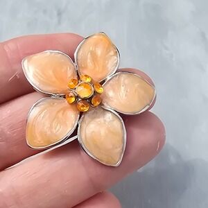 Vintage Peach Enamel Flower Brooch Amber Rhinestone Center Floral